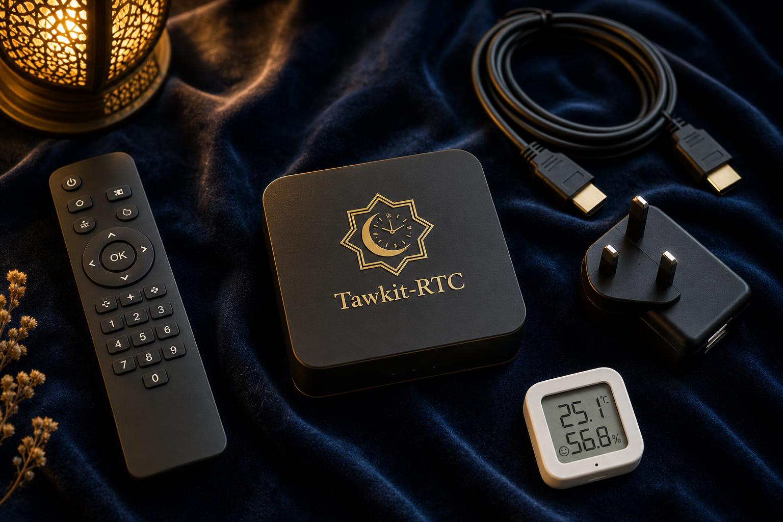 Premium Tawkit-RTC device box with gold engraving on navy velvet