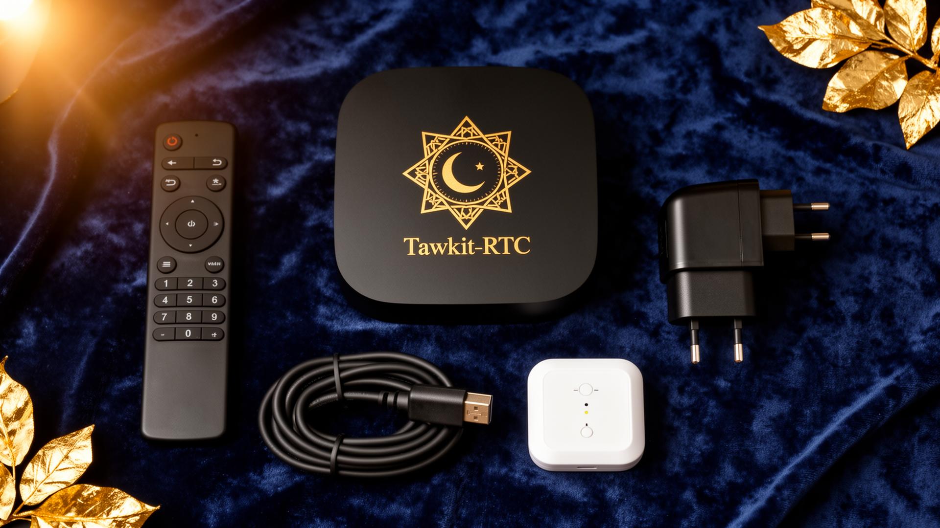 Tawkit-RTC complete unboxing flat-lay on navy velvet